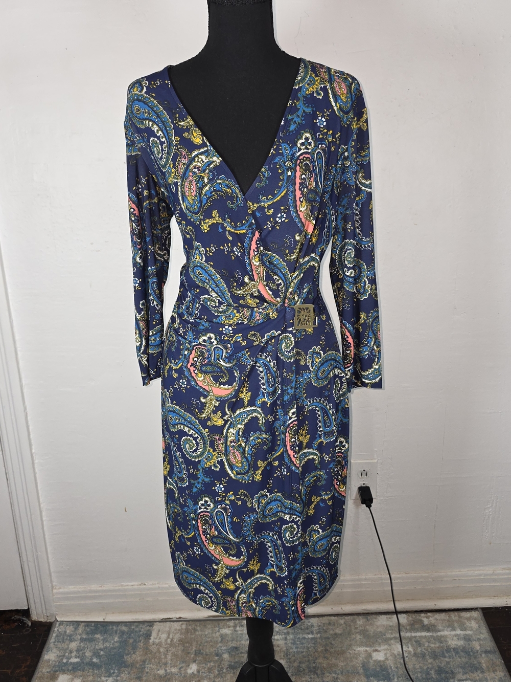 Anne Klein Navy Paisley Faux-Wrap Dress